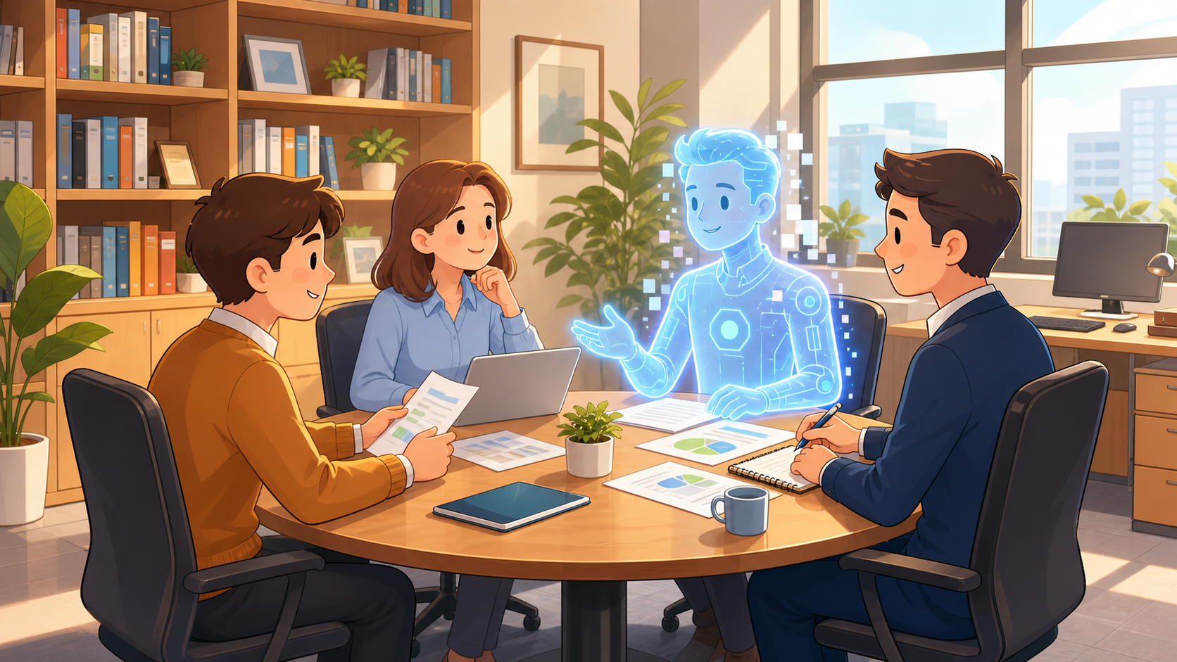 多人围桌开会并与 AI 同事协作的办公室插画